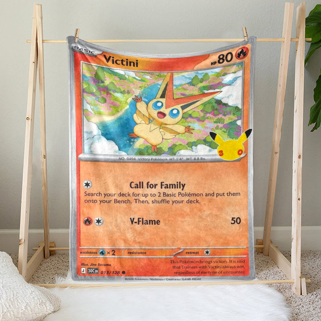 Victini PKM Custom Fleece Blanket – Personalized Trading Card Blanket