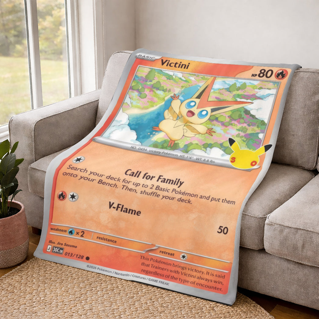 Victini PKM Custom Fleece Blanket – Personalized Trading Card Blanket