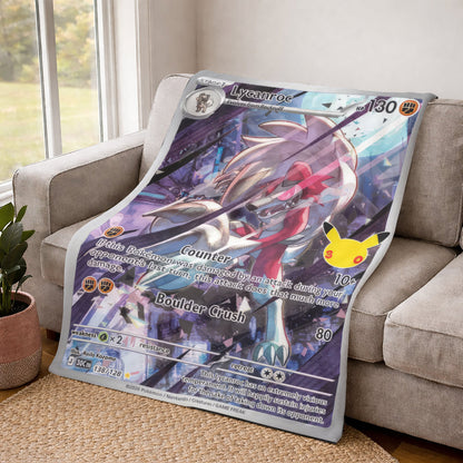 PKM Lycanroc Custom Fleece Blanket – Personalized Trading Card Throw Blanket