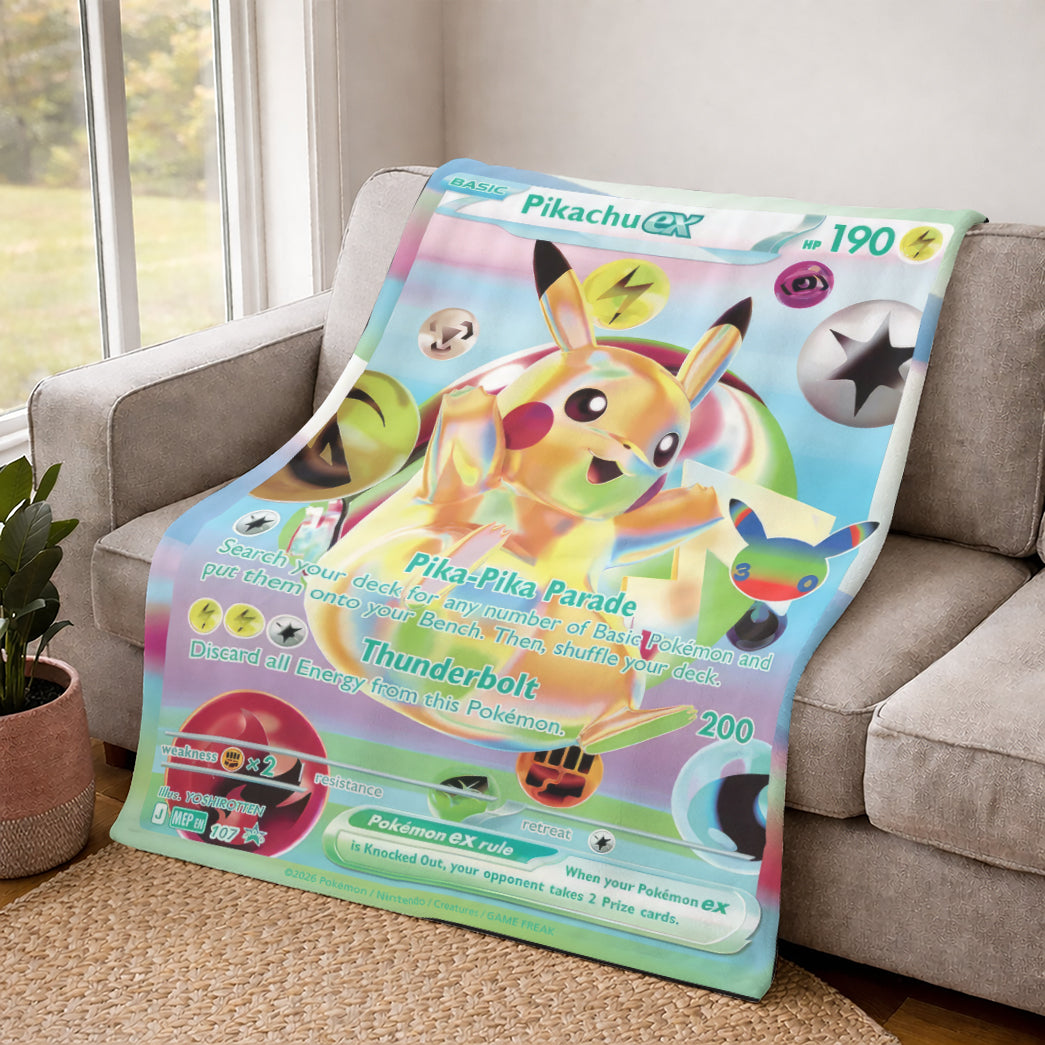 PKM Pikachu Custom Fleece Blanket – Personalized Trading Card Throw Blanket, Ultra Soft Plush Gift for Kids, Gamers & Collectors