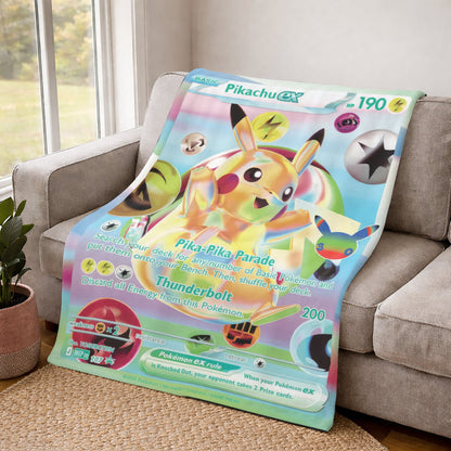 PKM Pikachu Custom Fleece Blanket – Personalized Trading Card Throw Blanket, Ultra Soft Plush Gift for Kids, Gamers & Collectors