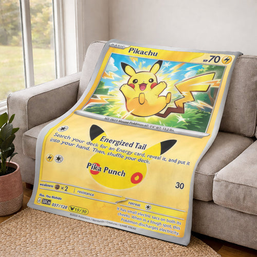Pikachu PKM Custom Fleece Blanket – Personalized Trading Card Throw Blanket