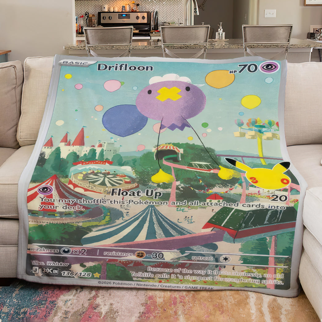 Drifloon PKM Custom Fleece Blanket – Personalized Trading Card Throw Blanket