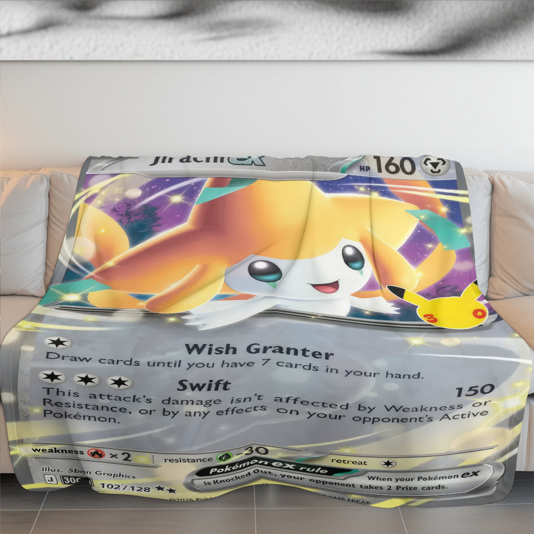 Jirachi PKM Custom Fleece Blanket – Personalized Anime Card Throw Blanket