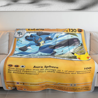 PKM Lucario Custom Fleece Blanket - Personalized Trading Card Throw Blanket