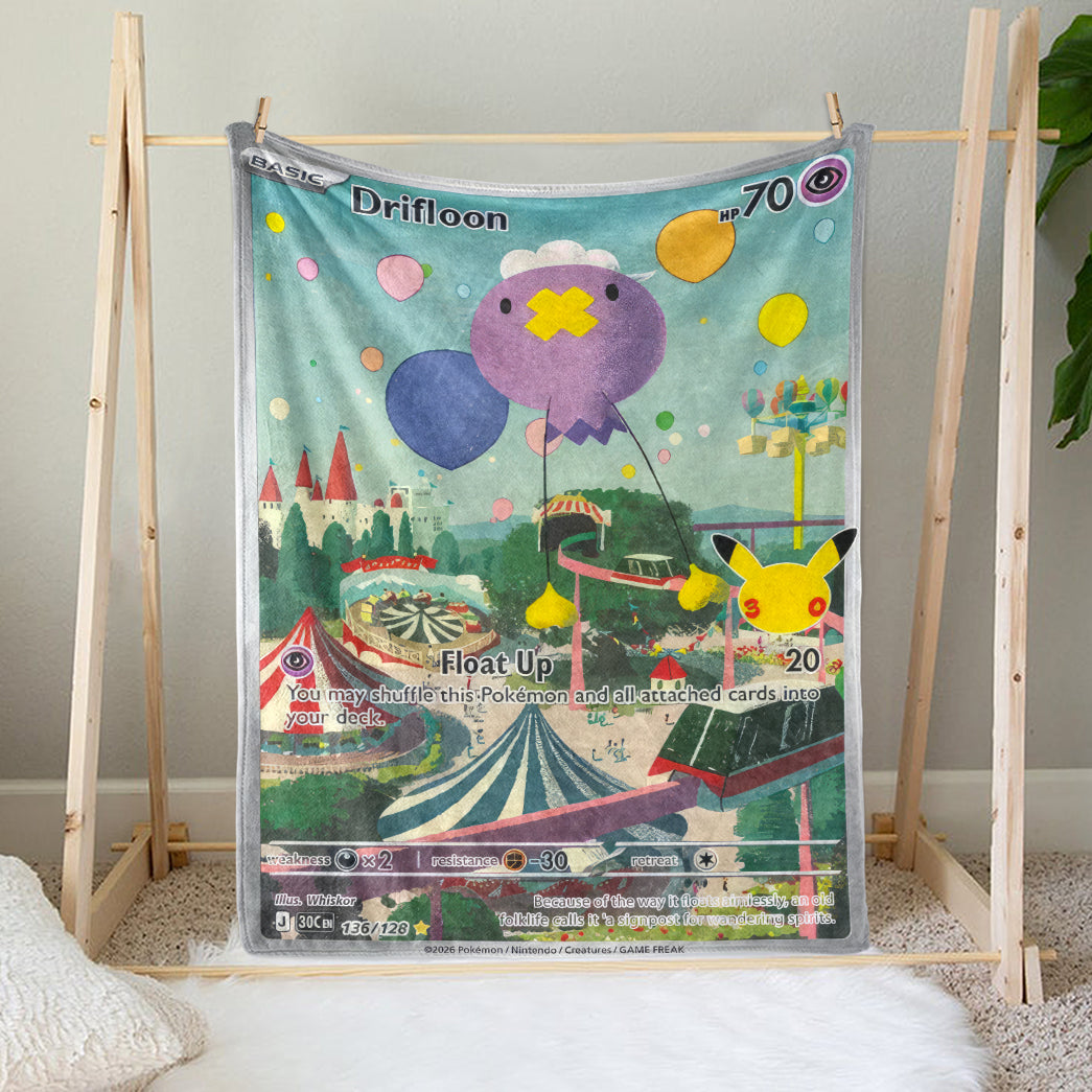 Drifloon PKM Custom Fleece Blanket – Personalized Trading Card Throw Blanket