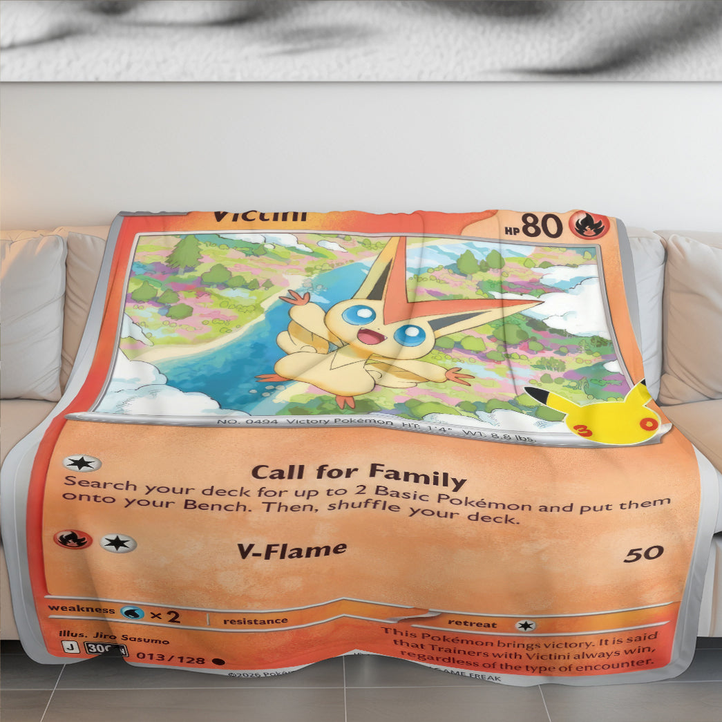Victini PKM Custom Fleece Blanket – Personalized Trading Card Blanket