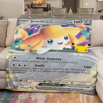 Jirachi PKM Custom Fleece Blanket – Personalized Anime Card Throw Blanket