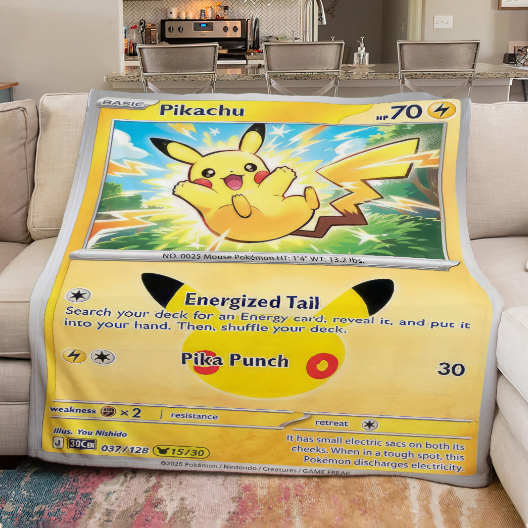 Pikachu PKM Custom Fleece Blanket – Personalized Trading Card Throw Blanket