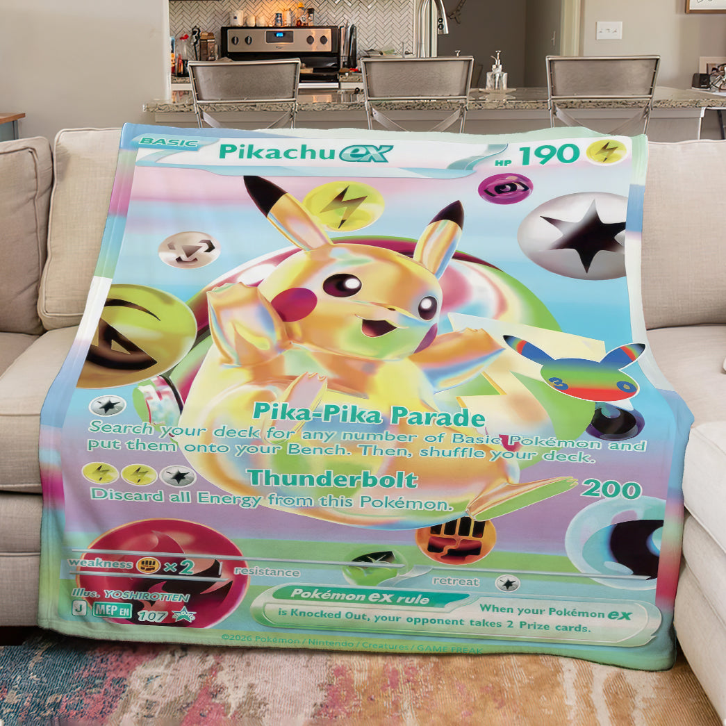 PKM Pikachu Custom Fleece Blanket – Personalized Trading Card Throw Blanket, Ultra Soft Plush Gift for Kids, Gamers & Collectors