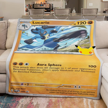 PKM Lucario Custom Fleece Blanket - Personalized Trading Card Throw Blanket