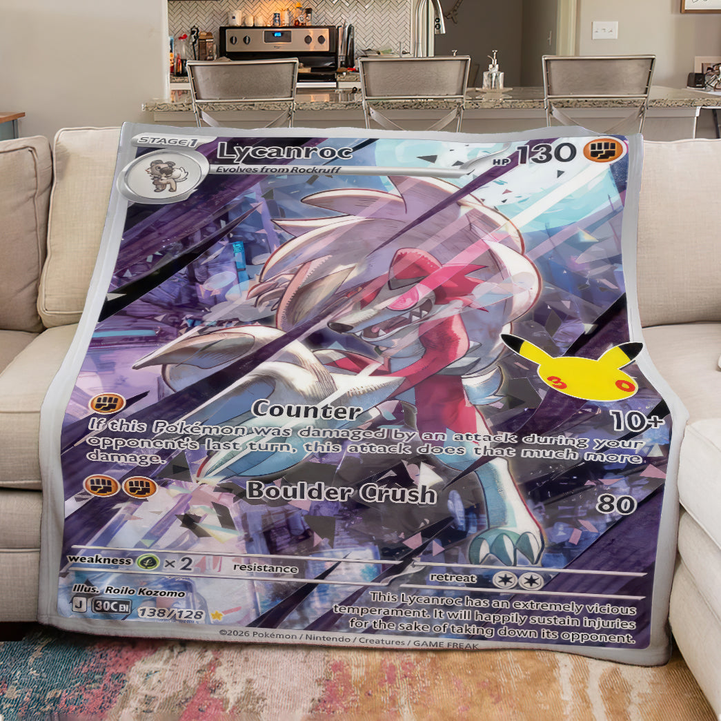 PKM Lycanroc Custom Fleece Blanket – Personalized Trading Card Throw Blanket
