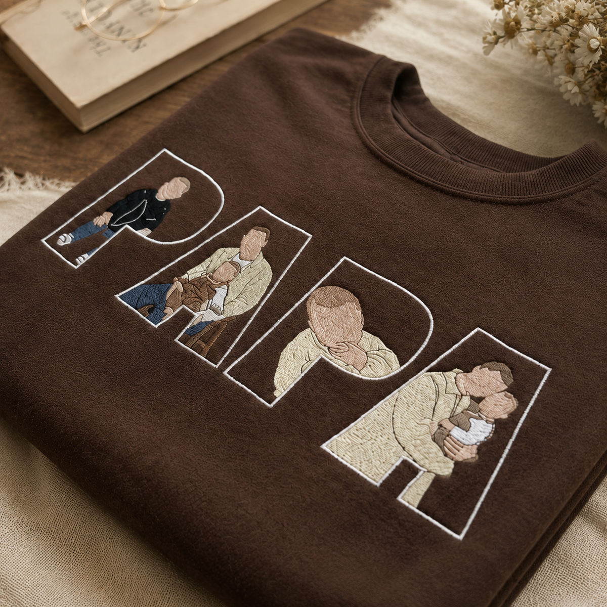 Embroidered Dad Portrait From Photo Sweatshirt, Custom Name On Sleeve, Personalized Dad Crewneck, Personalized Gift from Photo, Gifts For Dad