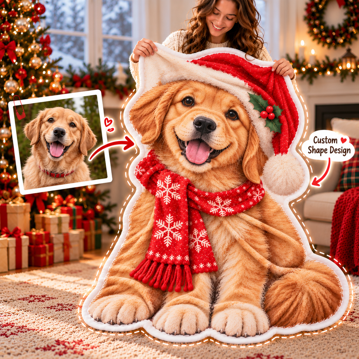 Personalized Christmas Pet Shaped Blanket – Custom Dog & Cat Photo Blanket, Unique Gift for Pet Lovers