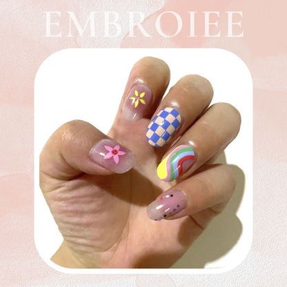 Abstract Art Checkered Waves Flowers Hand-painted Press On Nails