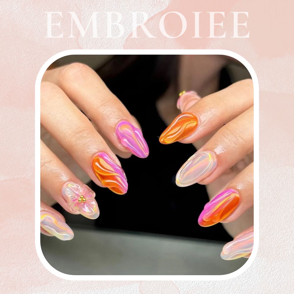 Pink Chrome Flower Hand-painted Press On Nails