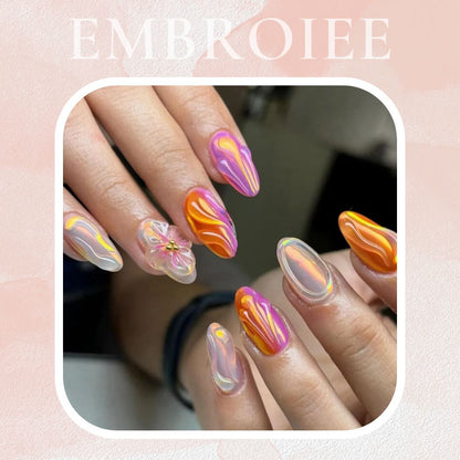 Pink Chrome Flower Hand-painted Press On Nails