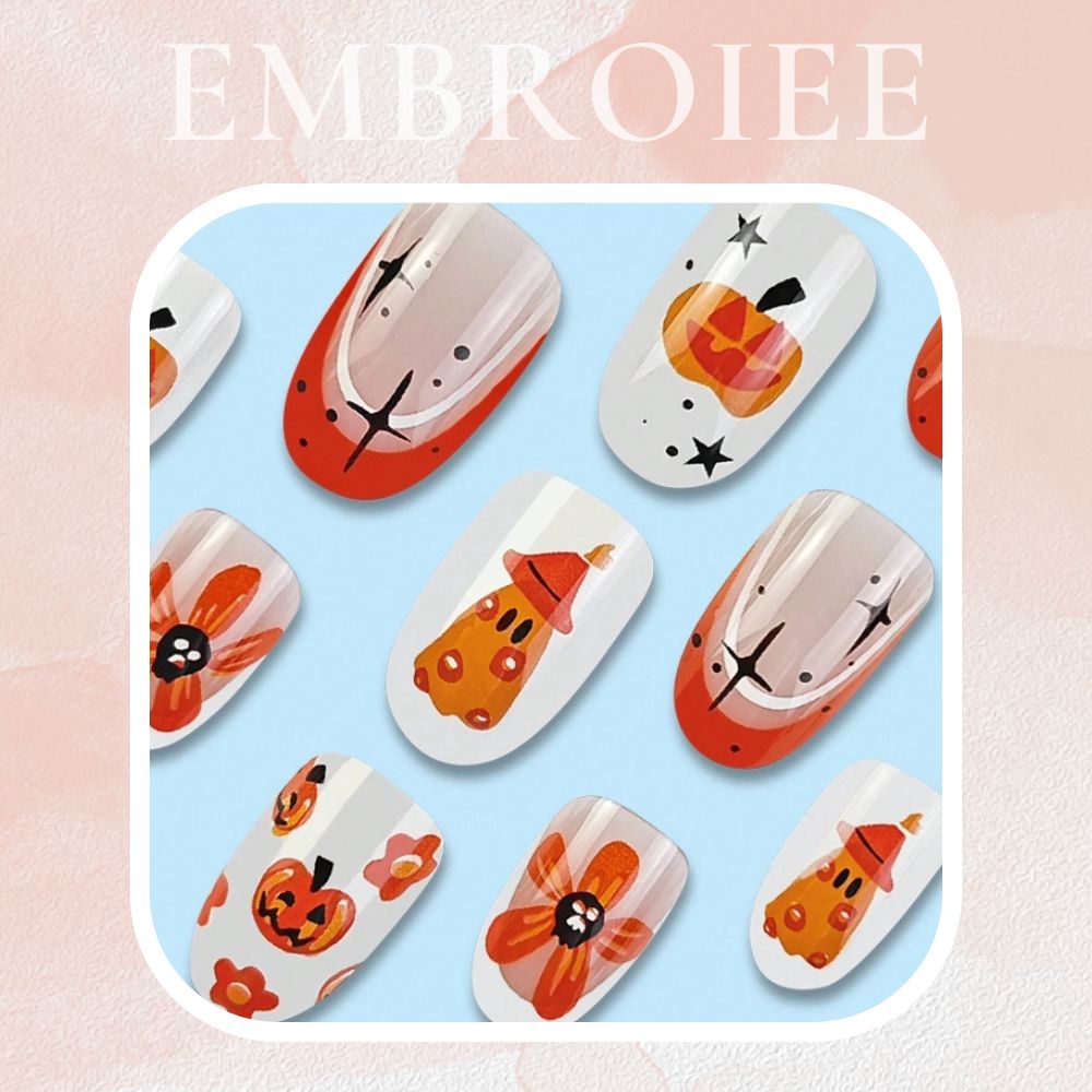 Pumpkin & Ghost Hat French Hand-painted Press On Nails