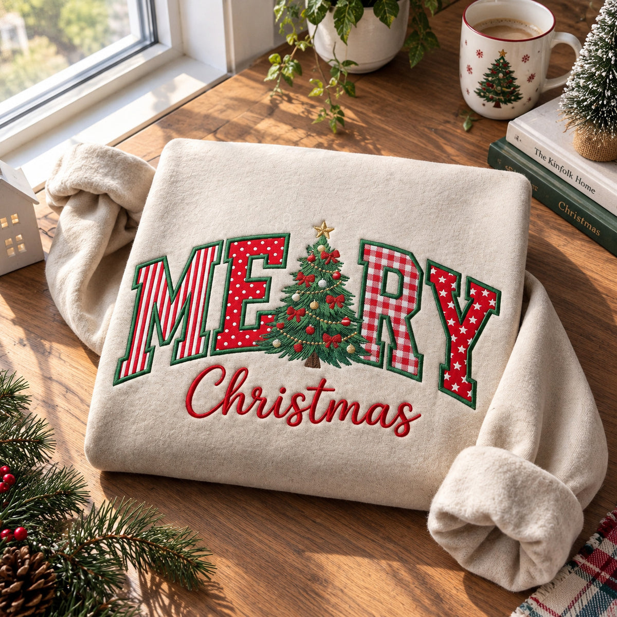 Christmas Tree Embroidered Sweatshirt, Merry Christmas Crewneck with Red and Green Patchwork Lettering - DL03190926