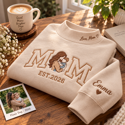Personalized Embroidered Mom Custom Message On Neck Sweatshirt, Quarter-Zip Sweatshirt