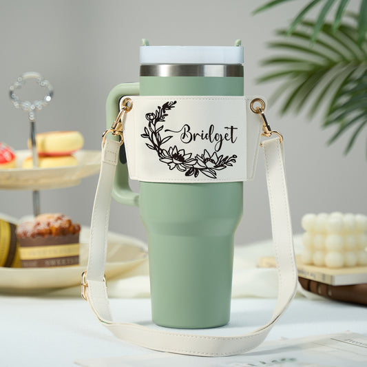 Personalized Floral Pattern Water Bottle Carrier Bag with Adjustable Strap for 40oz Stanley Tumbler Gift for Her
