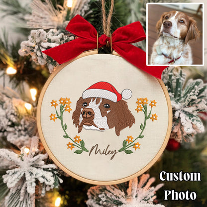 Personalized Pet Floral Wreath Embroidery Ornament | Custom Dog Portrait Hoop | Christmas Tree Decoration