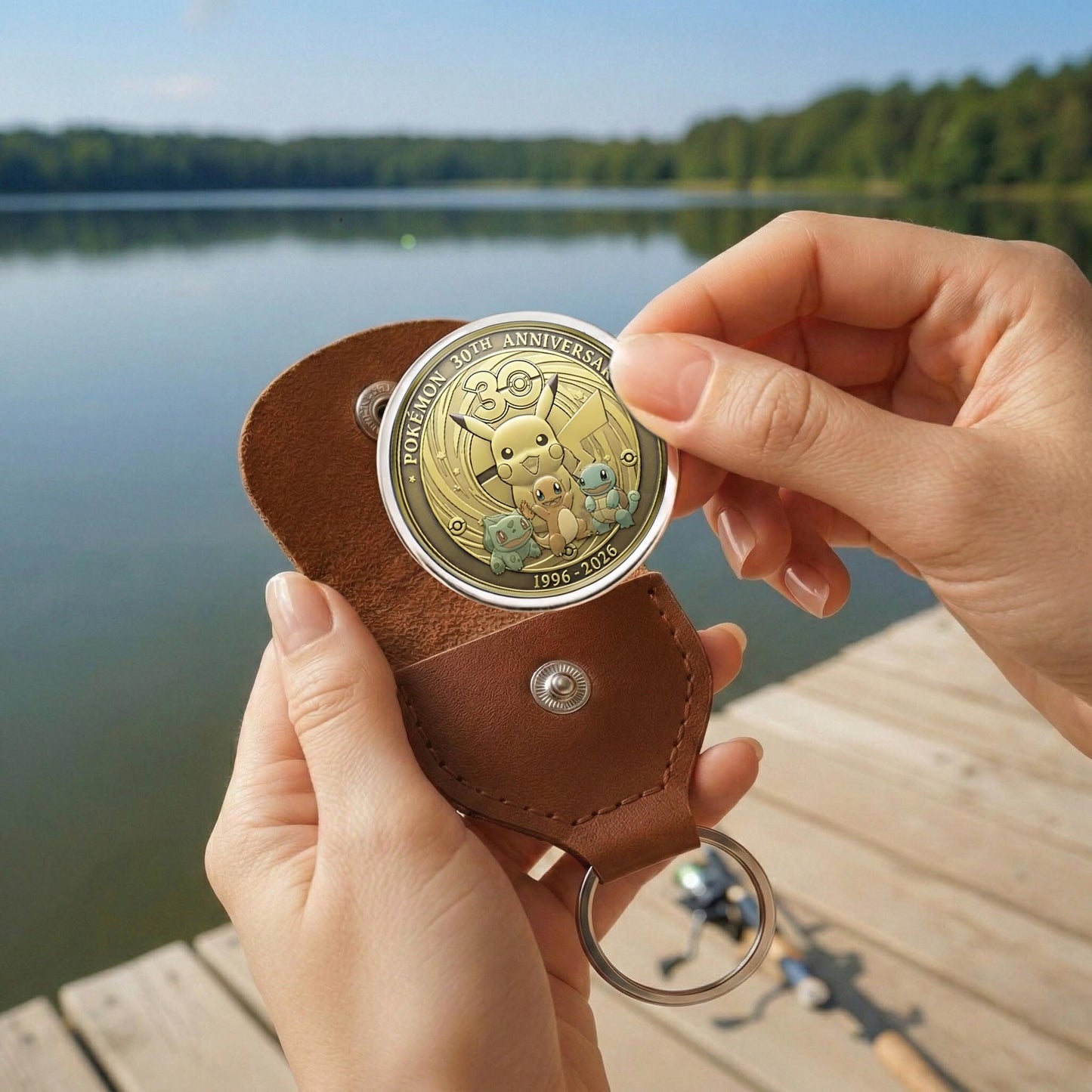 Pokémon 30th Anniversary Printed Commemorative Coin With Pocket Hug Leather Keychain