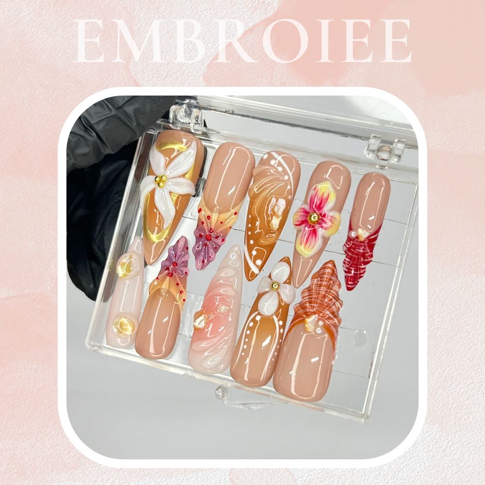 3D Flower Long Almond Hand-painted Press On Nails