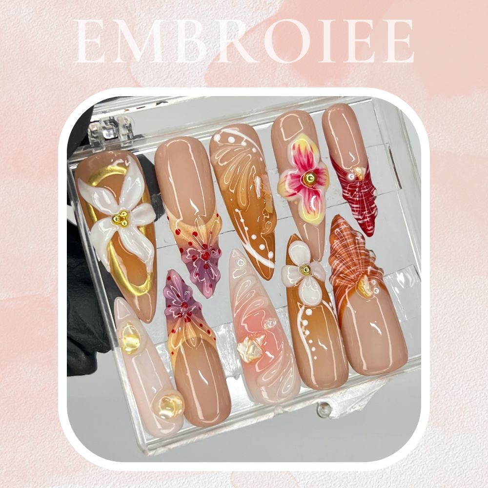 3D Flower Long Almond Hand-painted Press On Nails