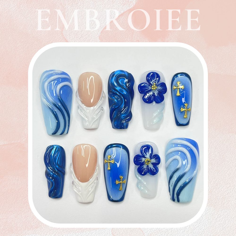 Bluewave With 3D Flower & White French Tip Medium Coffin Hand-painted Press On Nails