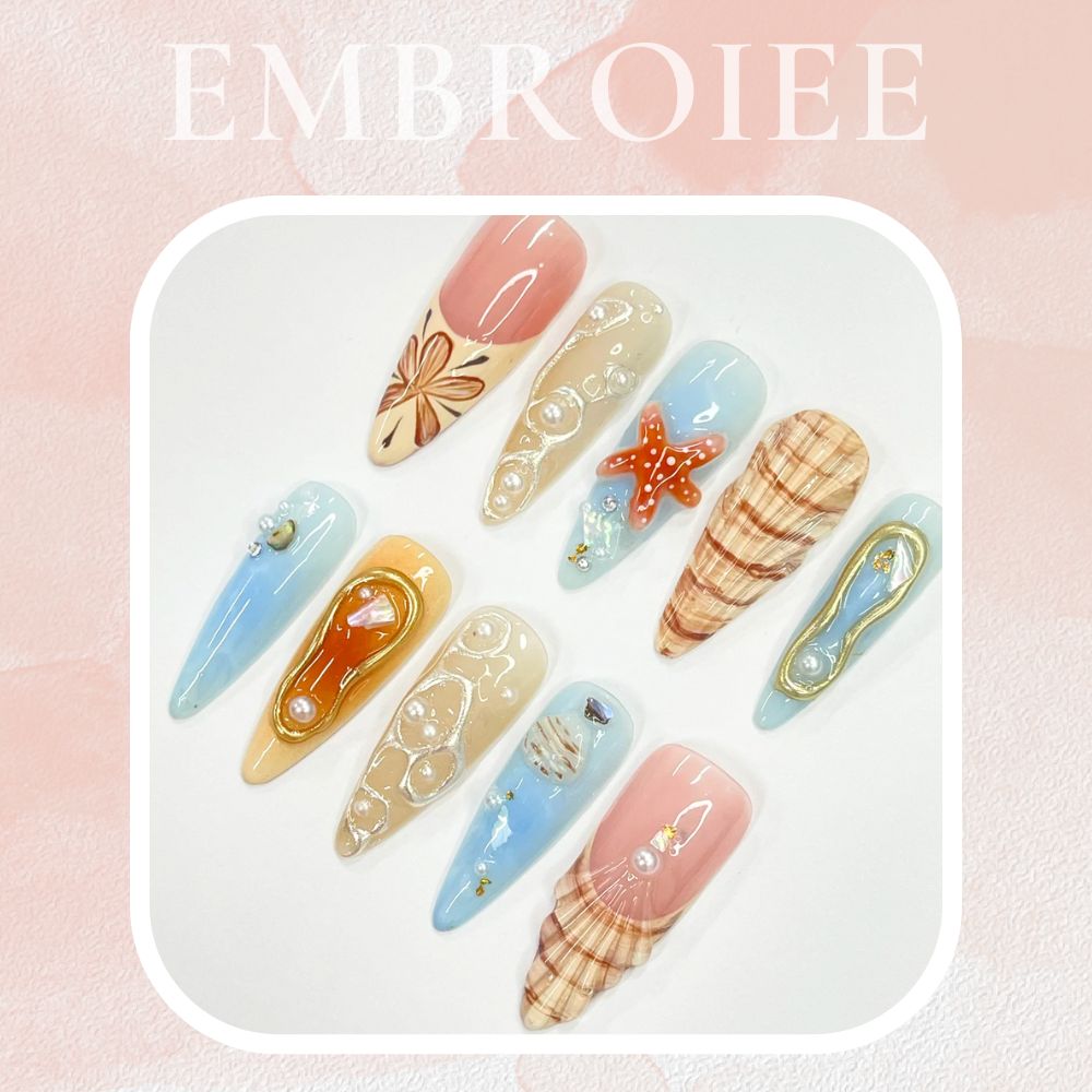 3D Seashell With Starfish Long Almond Hand-painted Press On Nails