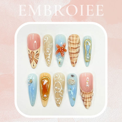 3D Seashell With Starfish Long Almond Hand-painted Press On Nails