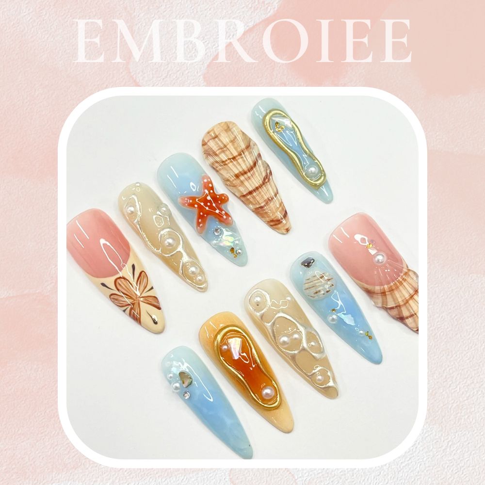 3D Seashell With Starfish Long Almond Hand-painted Press On Nails