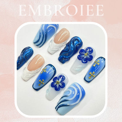 Bluewave With 3D Flower & White French Tip Medium Coffin Hand-painted Press On Nails