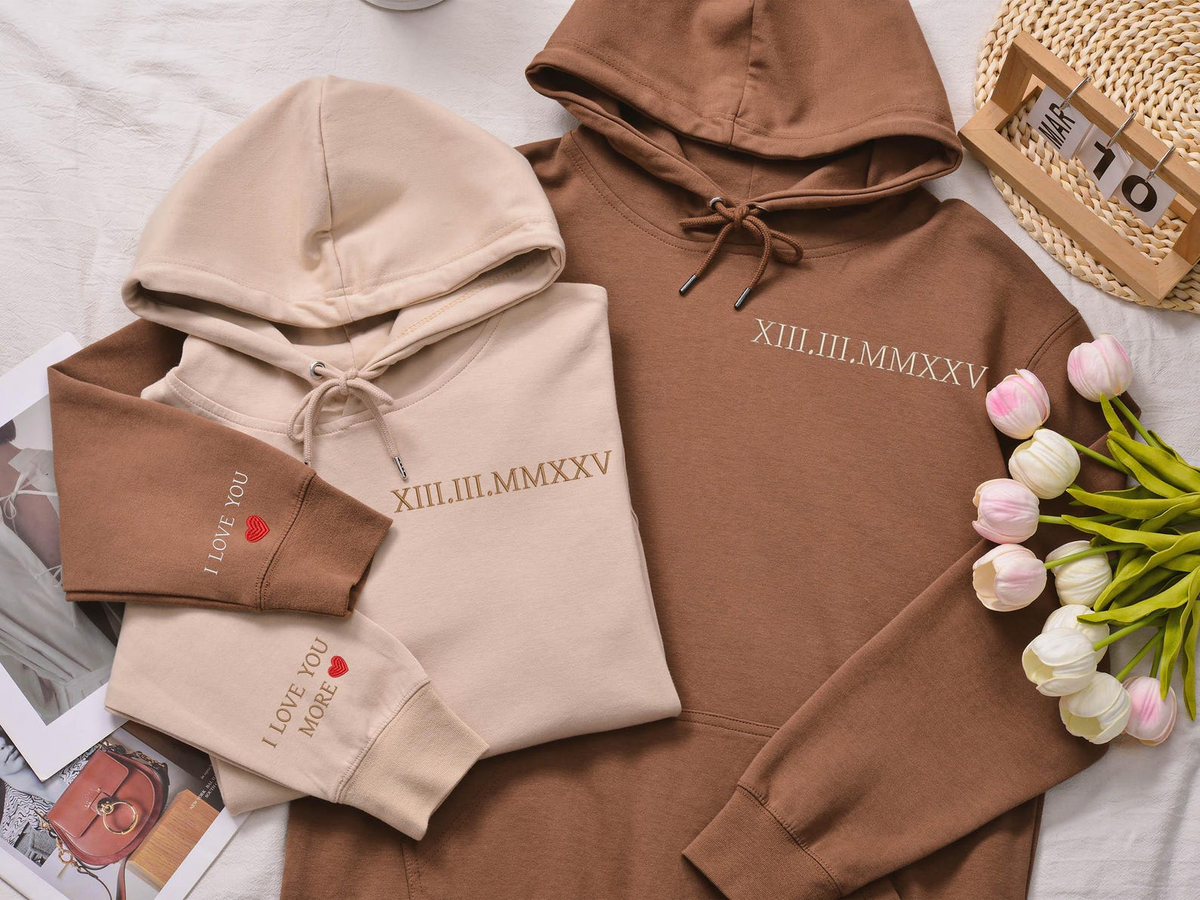 Valentine Custom Embroidered Roman Numeral Hoodie Sweatshirt T-shirt, Couple Shirt Initial On Sleeve