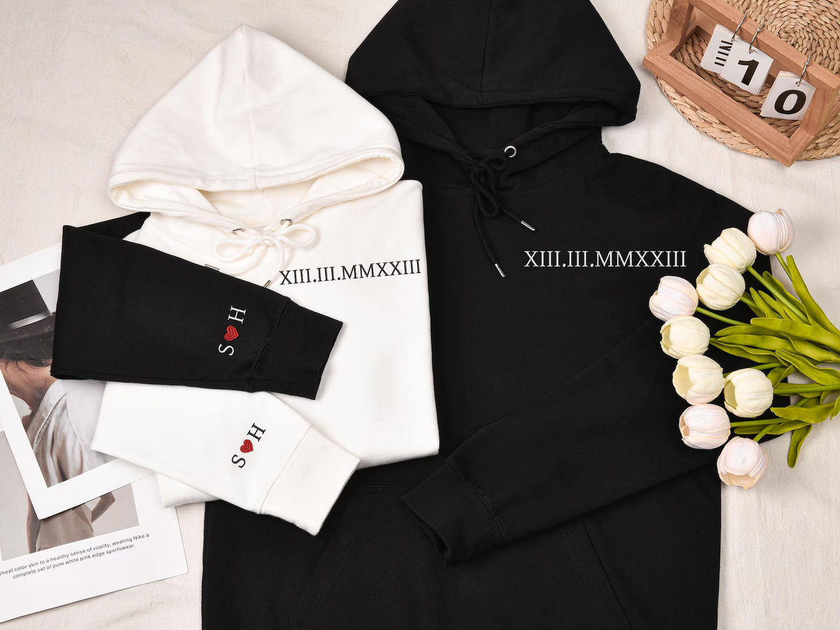 Valentine Custom Embroidered Roman Numeral Hoodie Sweatshirt T-shirt, Couple Shirt Initial On Sleeve