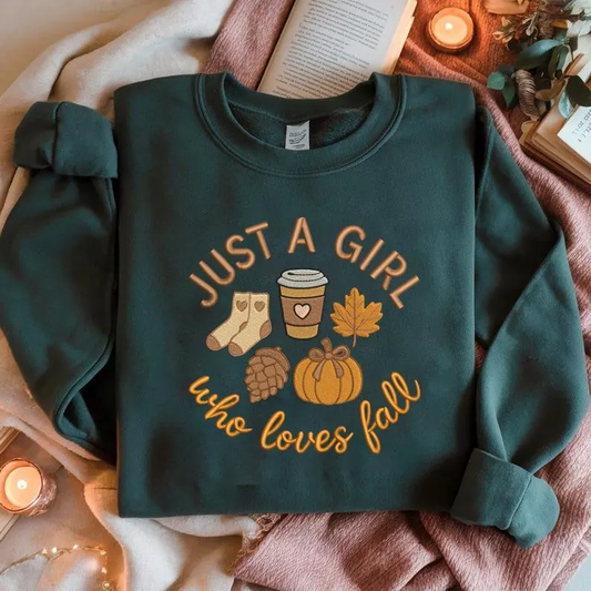 Halloween Personalized Embroidered Just A Girl Who Loves Fall Hoodie Sweatshirt T-Shirt