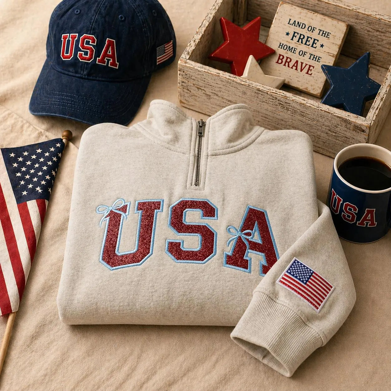 Vintage USA Quarter Zip Pullover Glitter Applique Patriotic T-Shirt Sweatshirt Hoodie Quarter-Zip Sweatshirt (Copy)