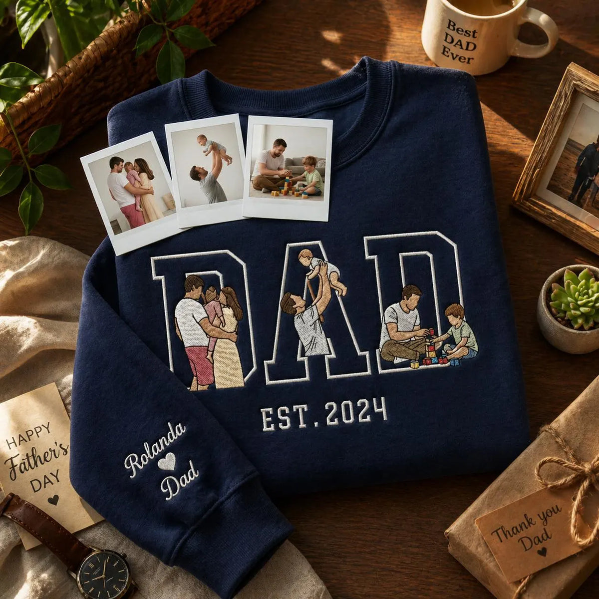 Custom Embroidered Dad Sweatshirt, Personalized Father's Day Gift Crewneck with Kids Silhouette, Custom Sleeve Name