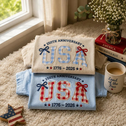 USA 250th Anniversary 1776–2026 Patriotic Bow Embroidered Graphic T-Shirt Sweatshirt Hoodie Quarter-Zip Sweatshirt