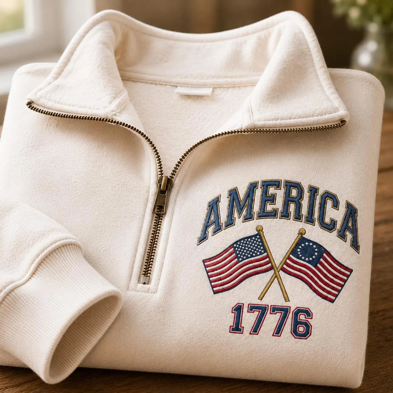America 1776 Embroidered Patriotic USA Flag Pullover Sweatshirt, Hoodie Sweatshirt T-Shirt