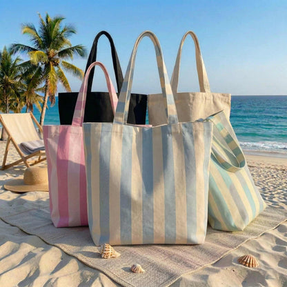 Custom State Embroidered Tote Bag – Personalized State Flower Canvas Bag, Vintage Striped Beach Tote