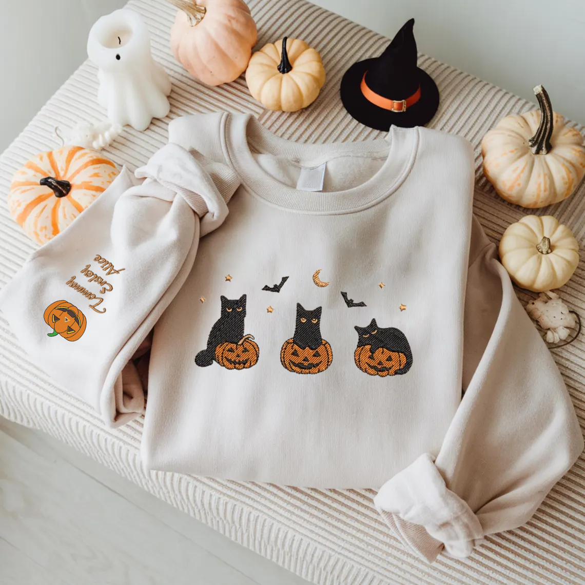 Halloween Personalized Embroidered Black Cats Hoodie Sweatshirt T-Shirt
