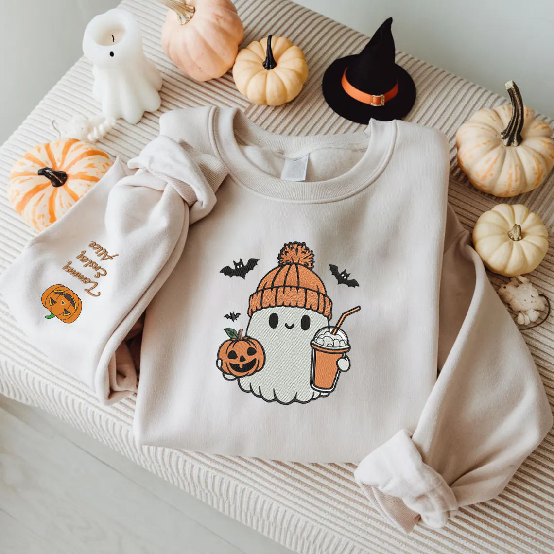 Halloween Personalized Embroidered Ghost Latte Hoodie Sweatshirt T-Shirt