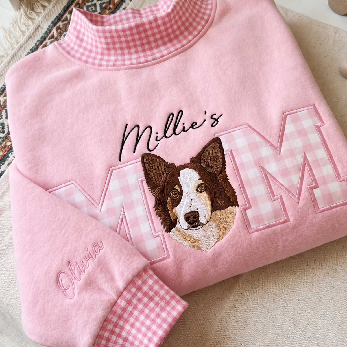 Embroidered Custom Pet Portrait Mom & Dad Gingham Mock Neck Sweatshirt