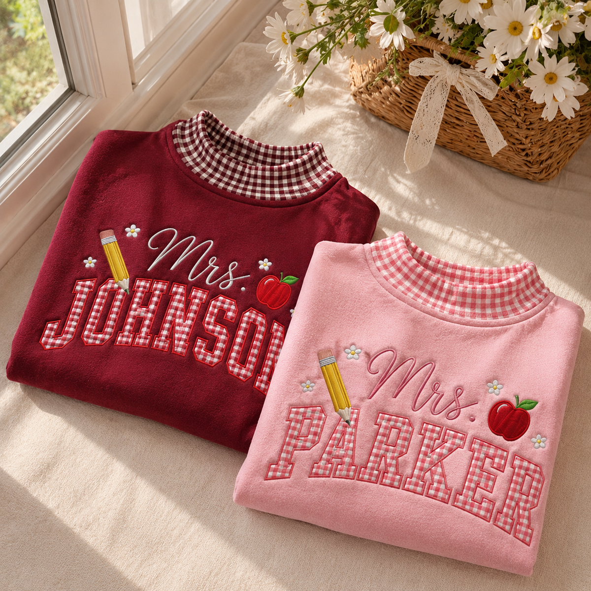 Personalized Gingham Teacher Embroidered Sweatshirt, Custom Gingham Crewneck