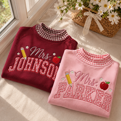 Personalized Gingham Teacher Embroidered Sweatshirt, Custom Gingham Crewneck