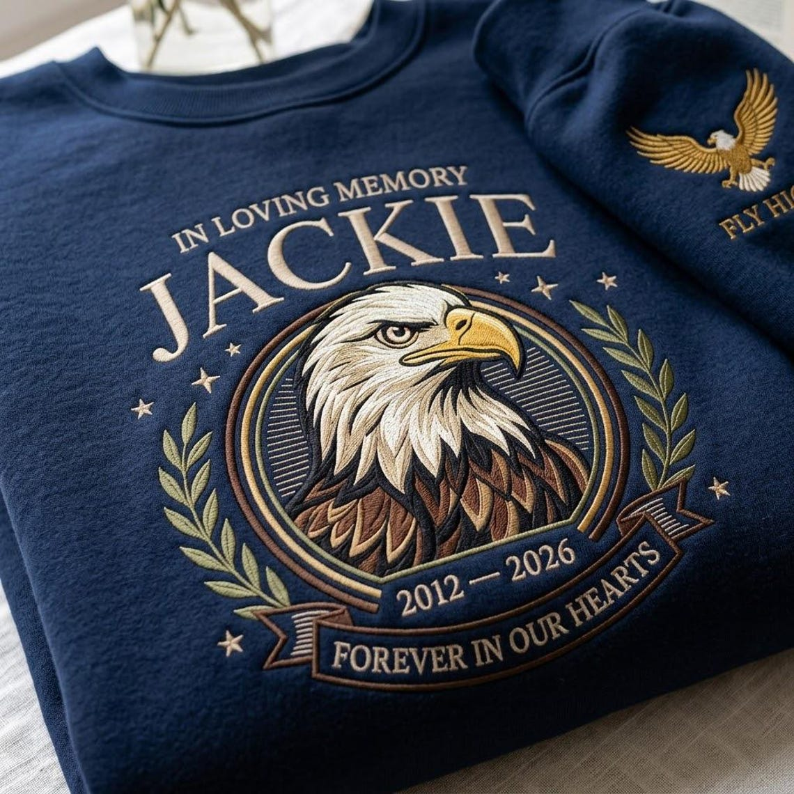 Embroidered Fly Free Jackie Sweatshirt, Bald Eagle Memorial Shirt, Jackie the Eagle Crewneck