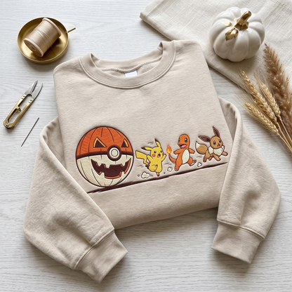 Custom PKM Halloween Character Embroidered Shirt, Cute Pumpkin Chase