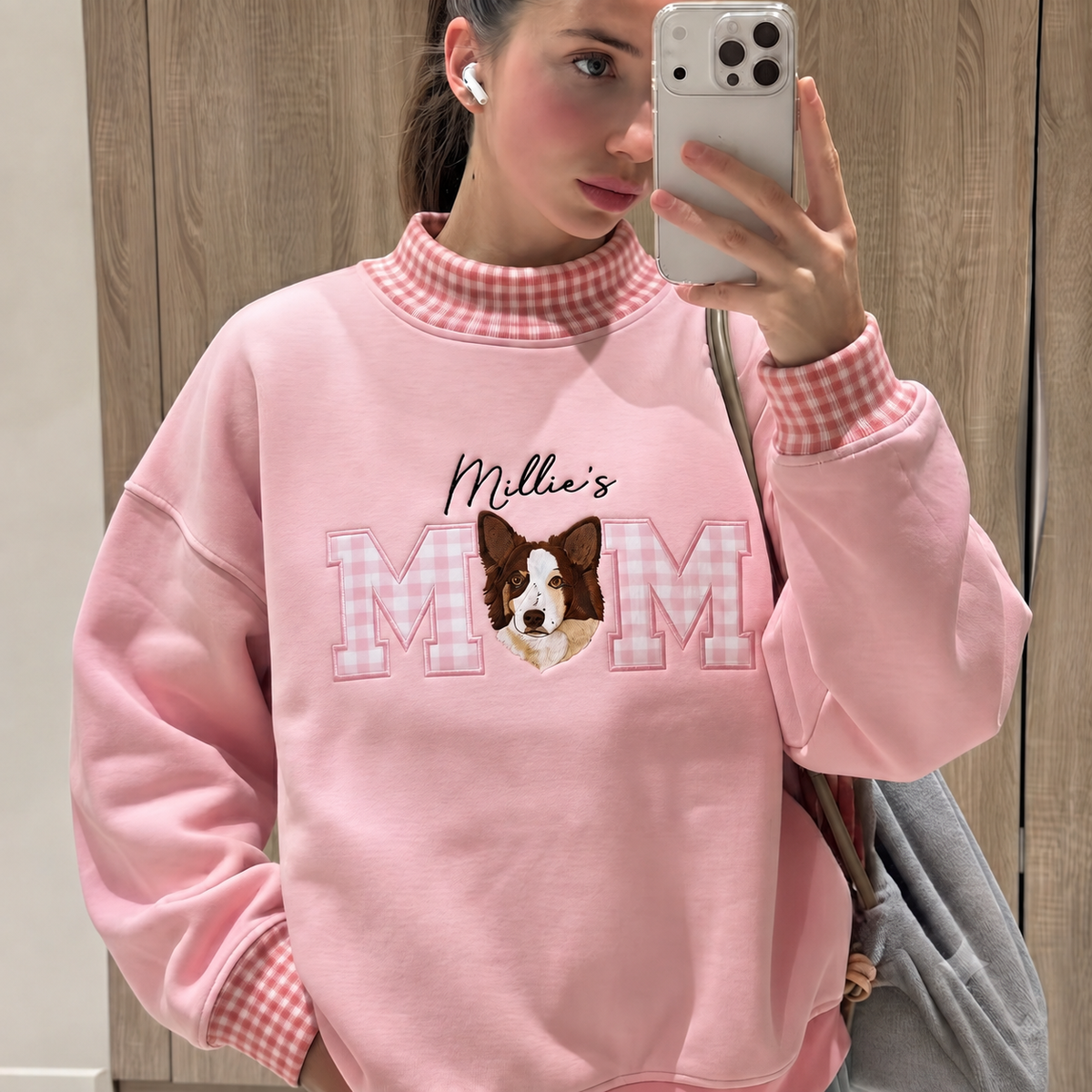 Embroidered Custom Pet Portrait Mom & Dad Gingham Mock Neck Sweatshirt